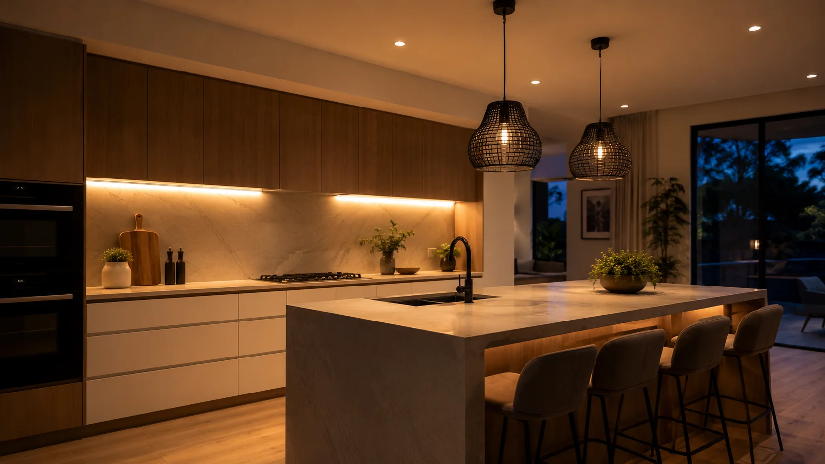 Layered kitchen lighting with under-cabinet task lighting, ambient ceiling light and statement pendants over an island
