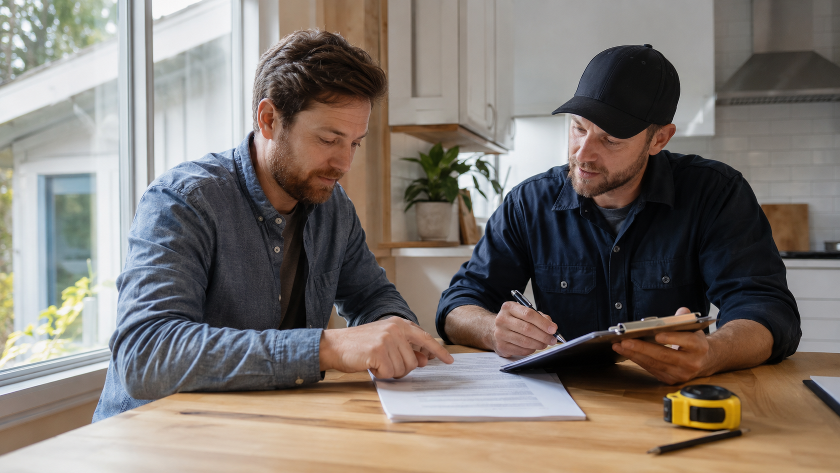Homeowner reviewing and signing a kitchen renovation contract with a contractor in Geelong