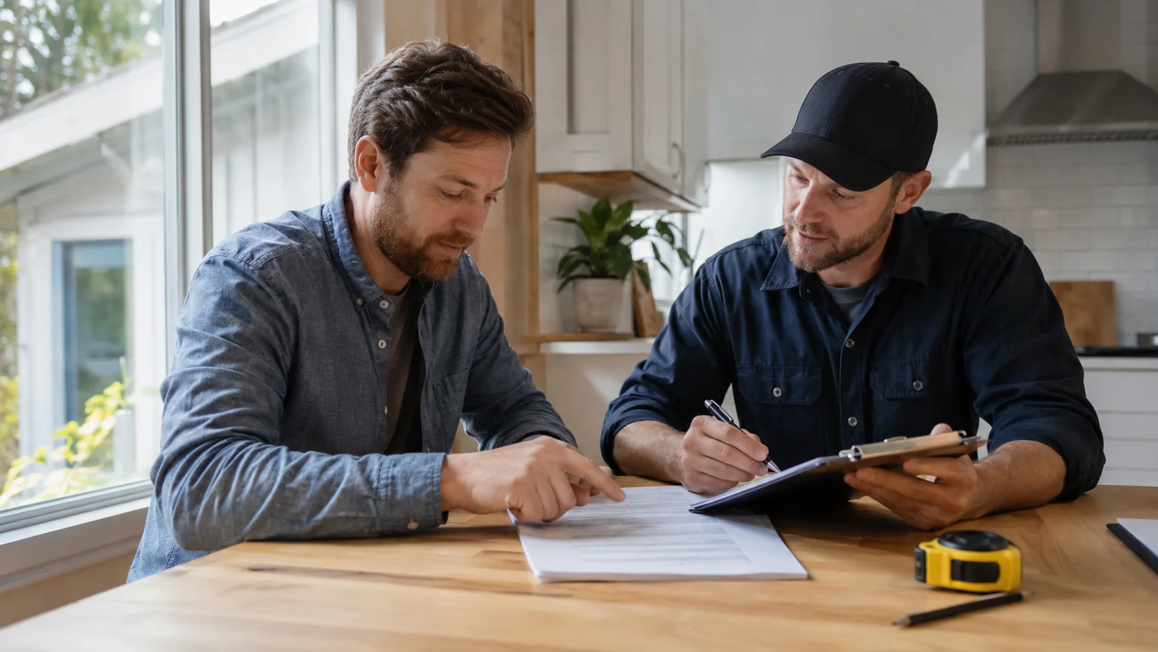 Homeowner reviewing and signing a kitchen renovation contract with a contractor in Geelong