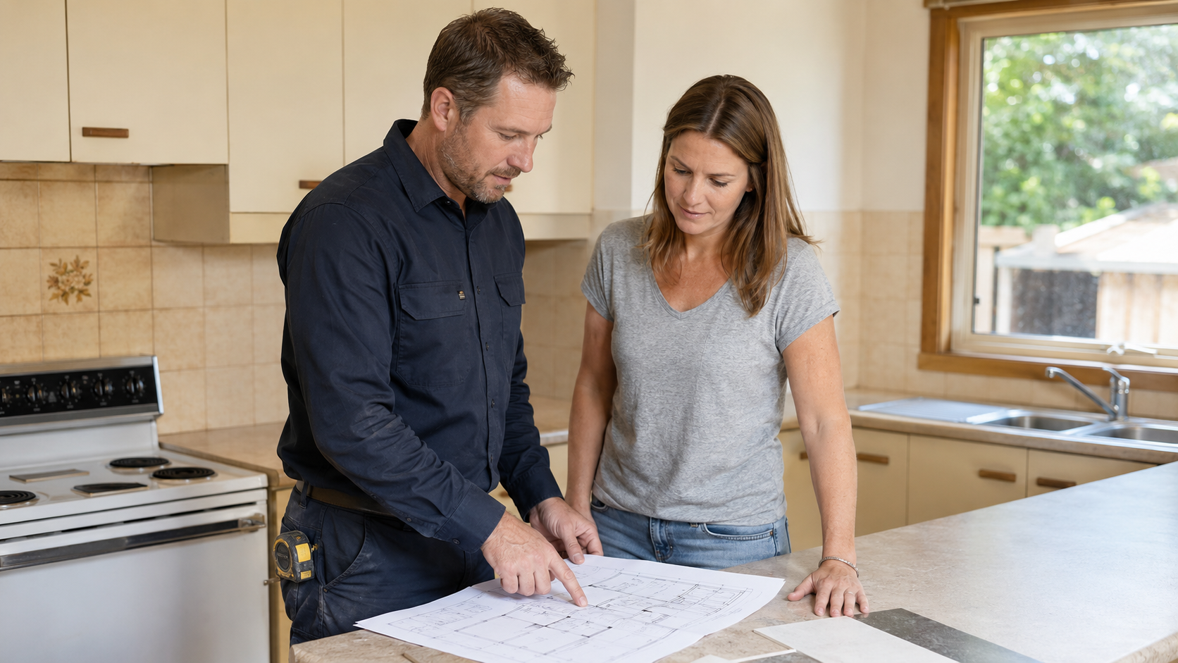 Kitchen renovation contractor in Geelong reviewing plans with a homeowner during an on-site consultation