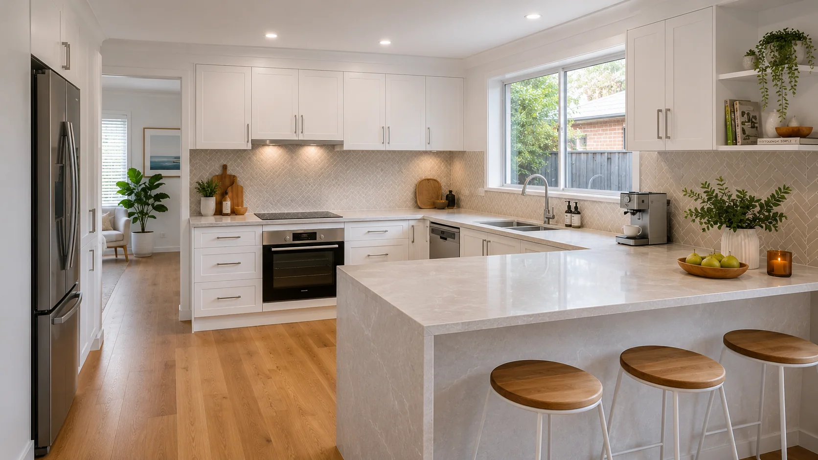 Completed kitchen renovation in Geelong with stone benchtop and custom cabinetry
