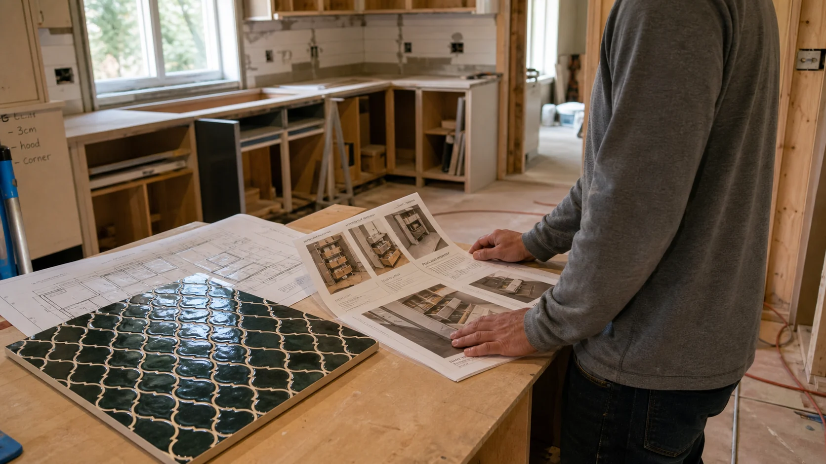 Homeowner reviewing kitchen renovation plans on a benchtop, weighing a statement feature against practical storage needs