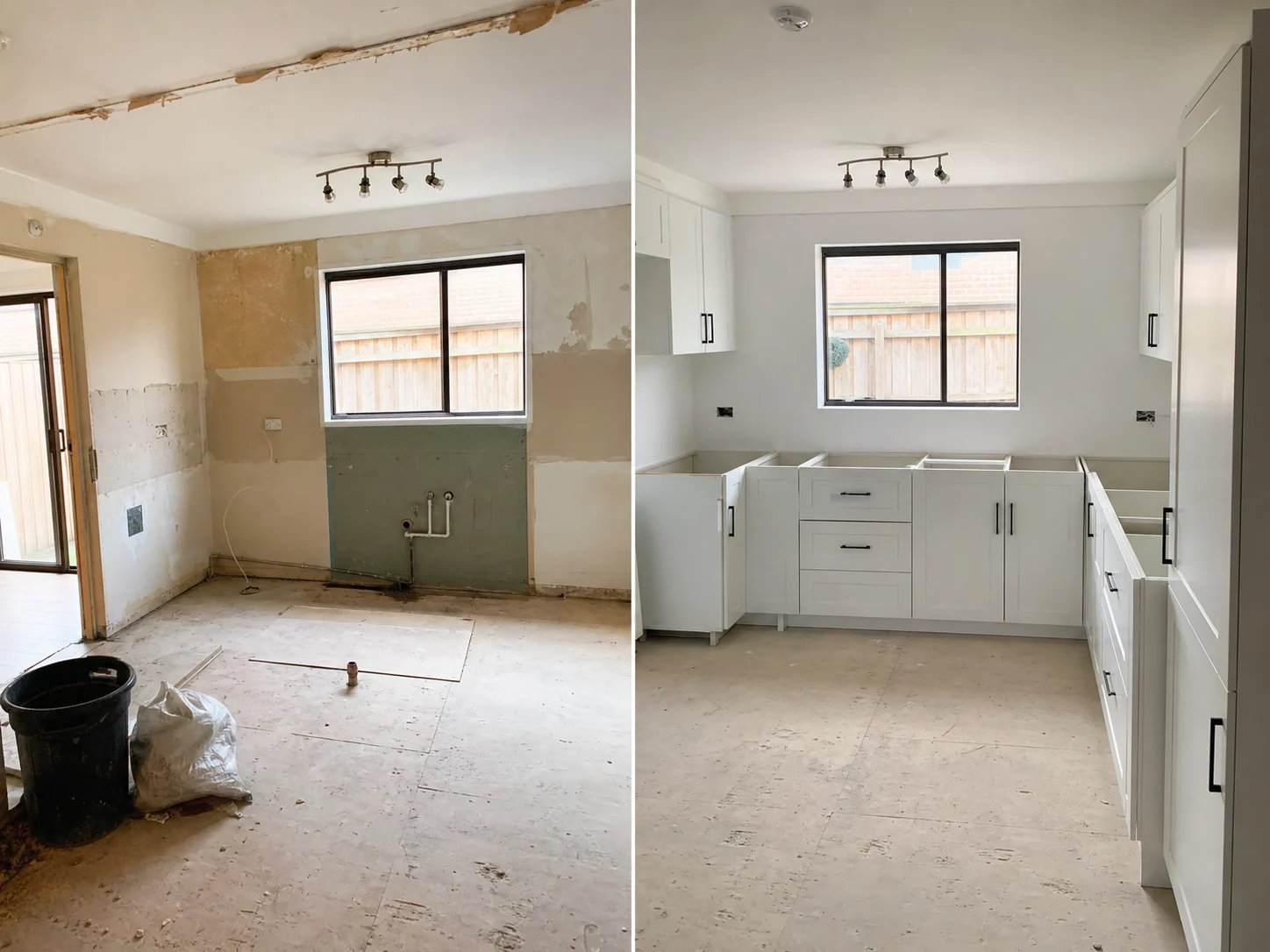 Kitchen renovation phases shown side by side, from demolition through to cabinetry installation