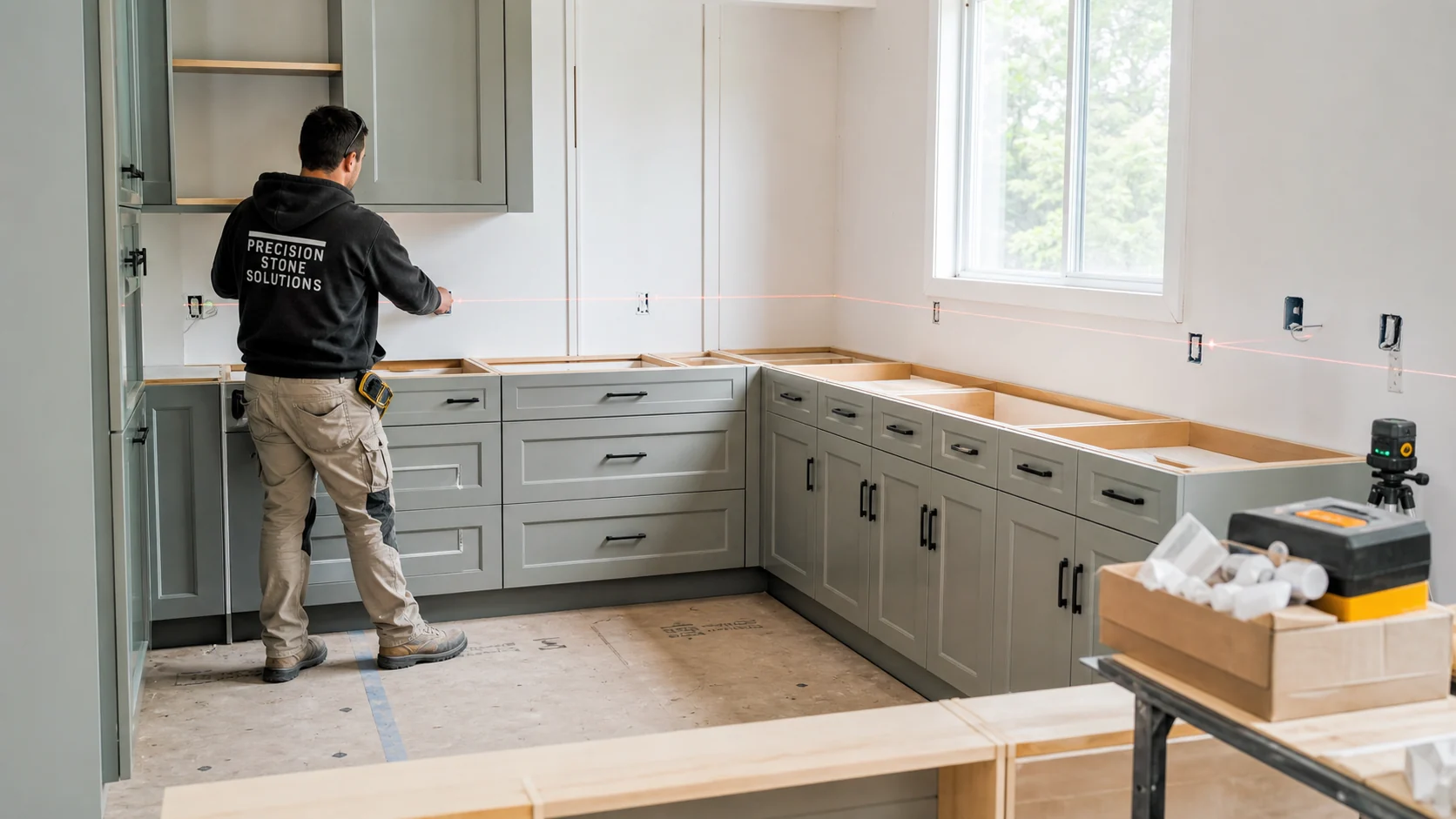 Kitchen renovation mid-process with cabinetry installed and benchtop templating underway