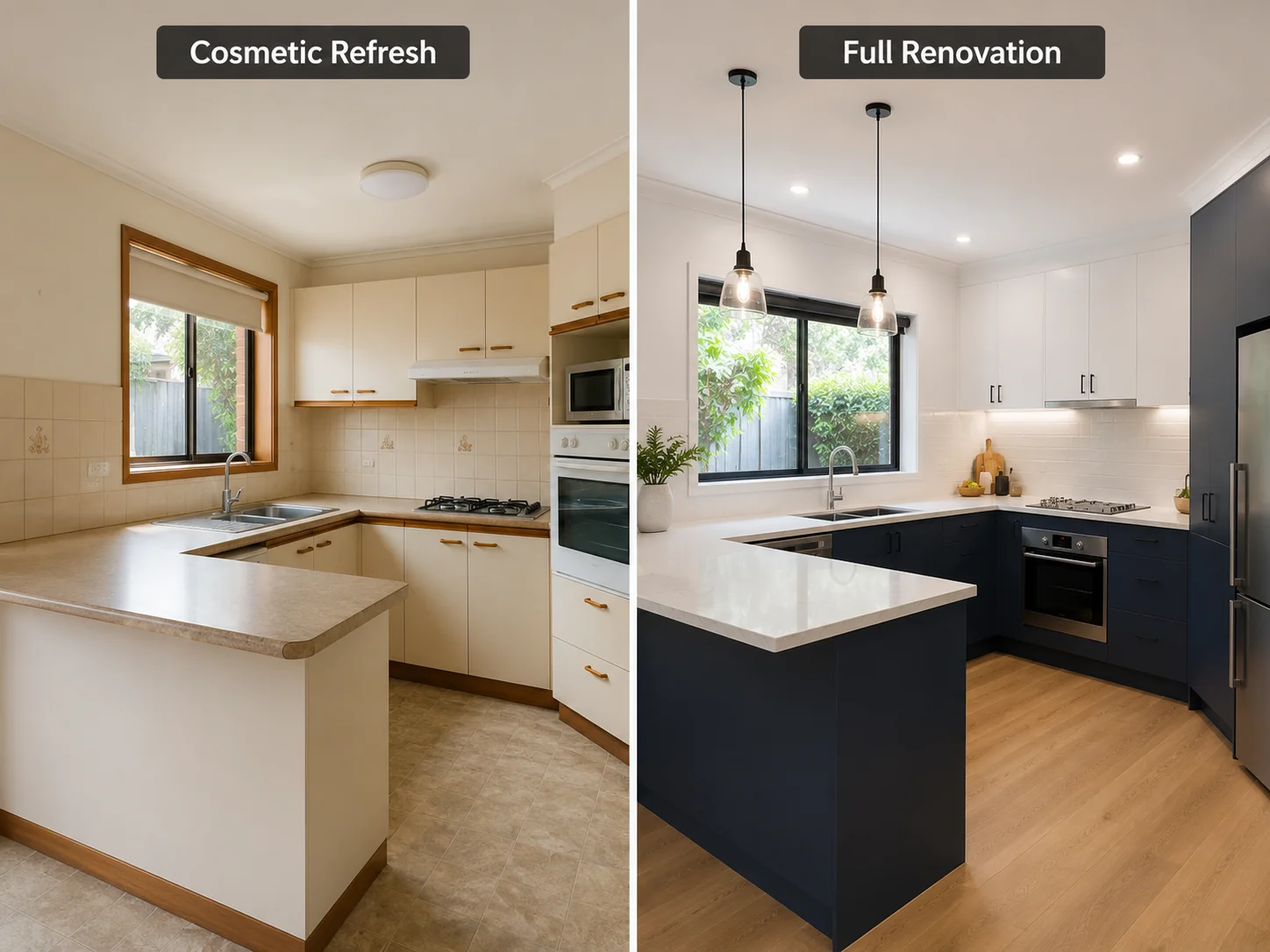 Side-by-side comparison showing a cosmetic kitchen refresh versus a full kitchen renovation in Geelong