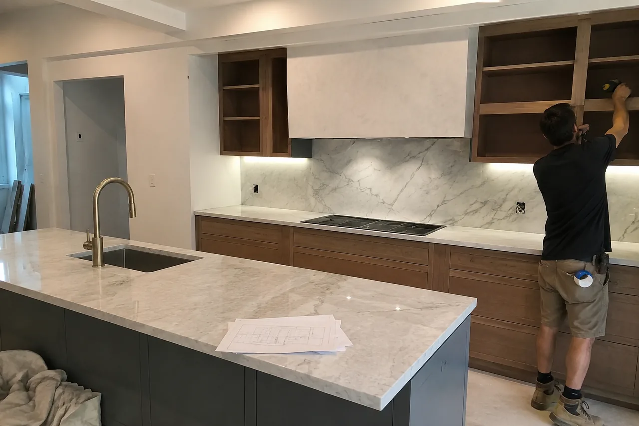 Completed kitchen renovation by Ultimate Renovations in Geelong featuring stone benchtops and custom cabinetry