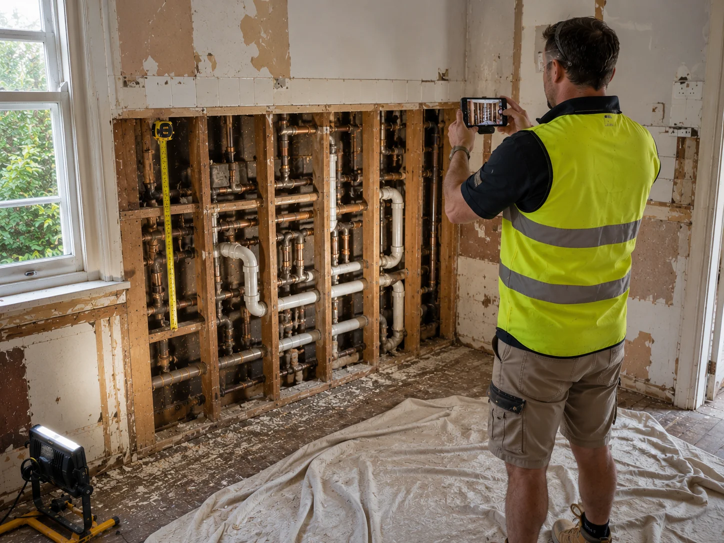 Mid-renovation kitchen demolition revealing unexpected plumbing behind the wall — a common variation trigger in Geelong's older homes