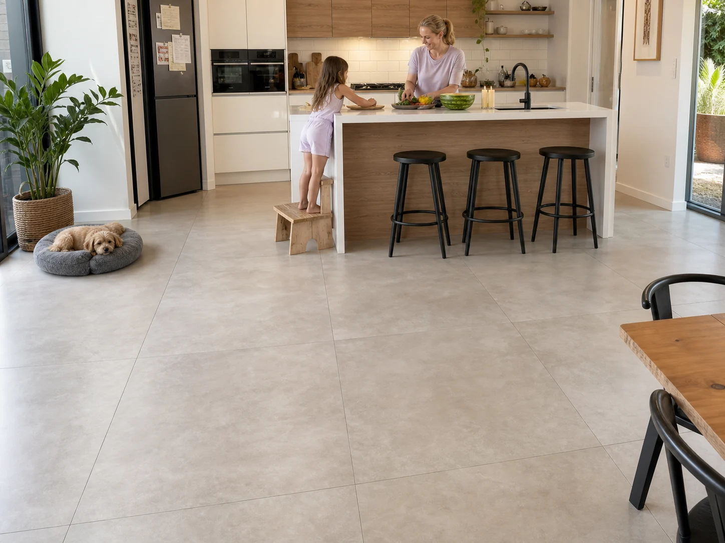 Large-format tile flooring in a busy family kitchen, chosen for durability against daily spills and foot traffic