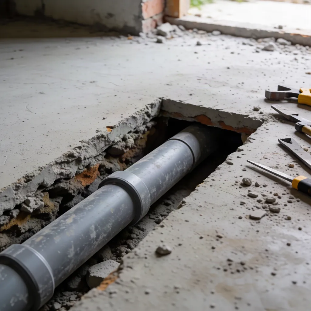 Section of concrete laundry slab cut open to reposition a waste pipe