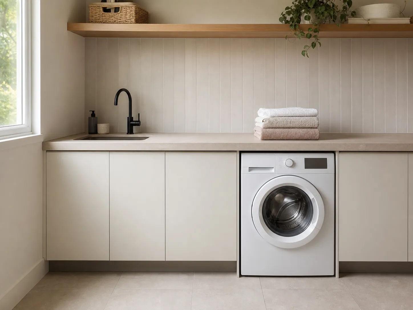Front-loading washing machine fitted under a continuous laundry bench with no gap or opening