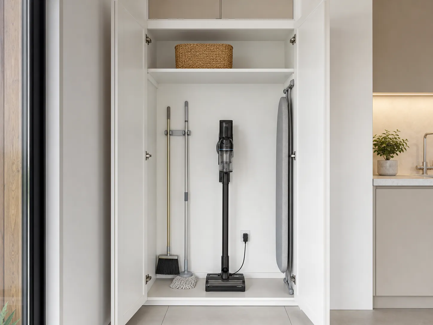 Full-height laundry cupboard open to show a broom, mop, stick vacuum on a charging point and an ironing board stored upright