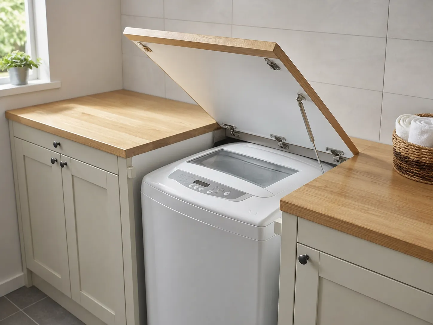 Hinged laundry bench section lifted up to reveal a top-loading washing machine underneath