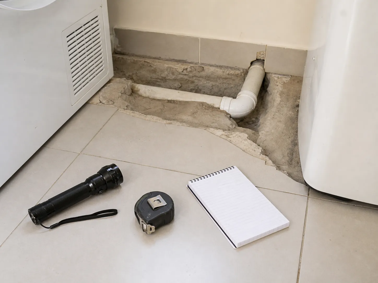 Torch and inspection tools laid out during a site assessment of a laundry's existing waste route and floor type