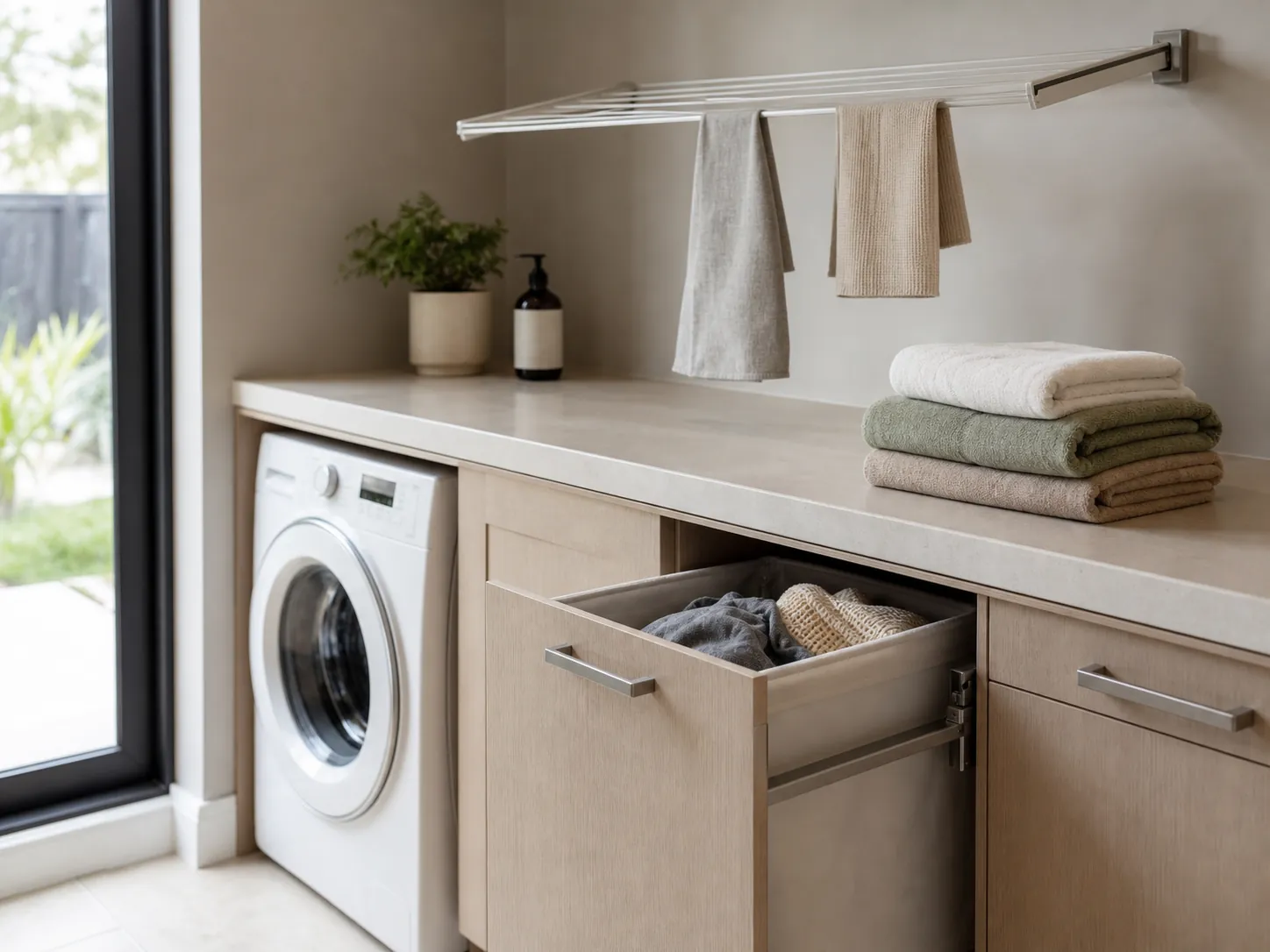 Laundry bench kept clear for folding with a pull-out hamper drawer open below and a fold-down drying rail on the wall