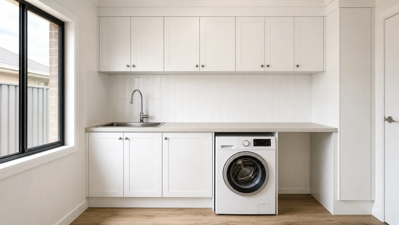 Renovated laundry with white cabinetry, a stone benchtop, a stainless steel trough, tiled splashback and a washing machine below the bench