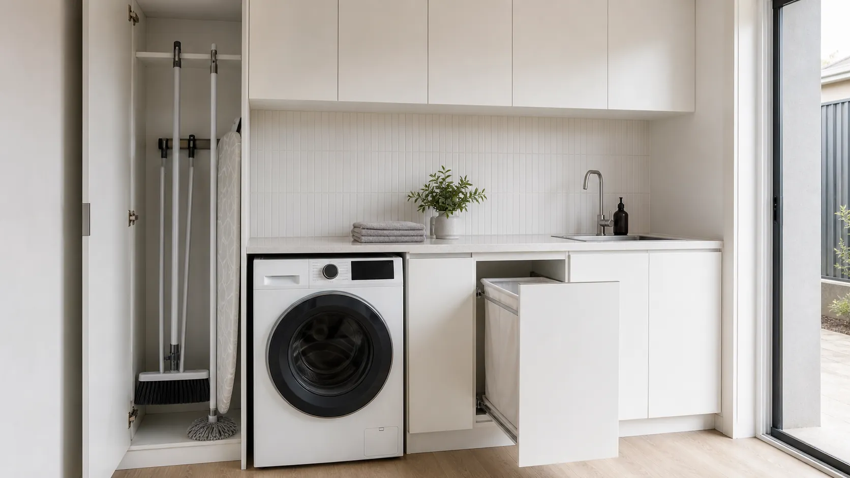 Laundry with a full-height cupboard, overhead cupboards, a clear folding bench and a pull-out hamper under the bench