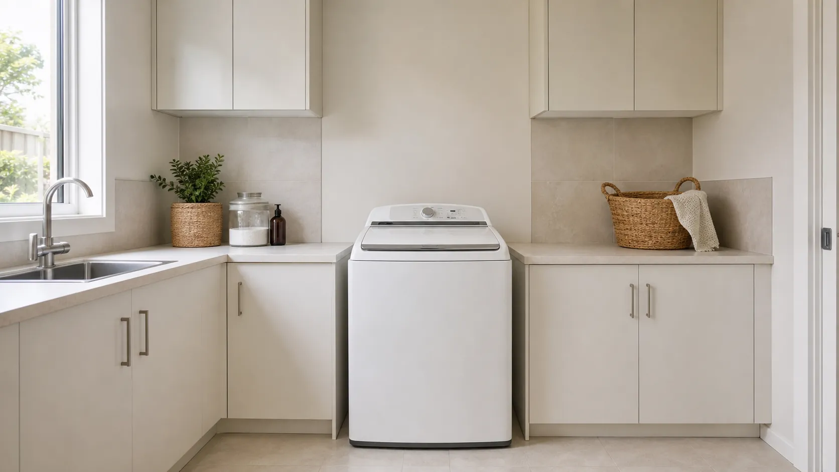 Top-loading washing machine beside a laundry bench with open space above the lid and no overhead cabinet in the way