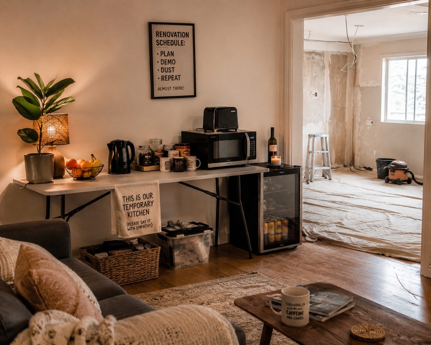 Family using a temporary kitchen setup during a home renovation — microwave and kettle on a bench in the living room