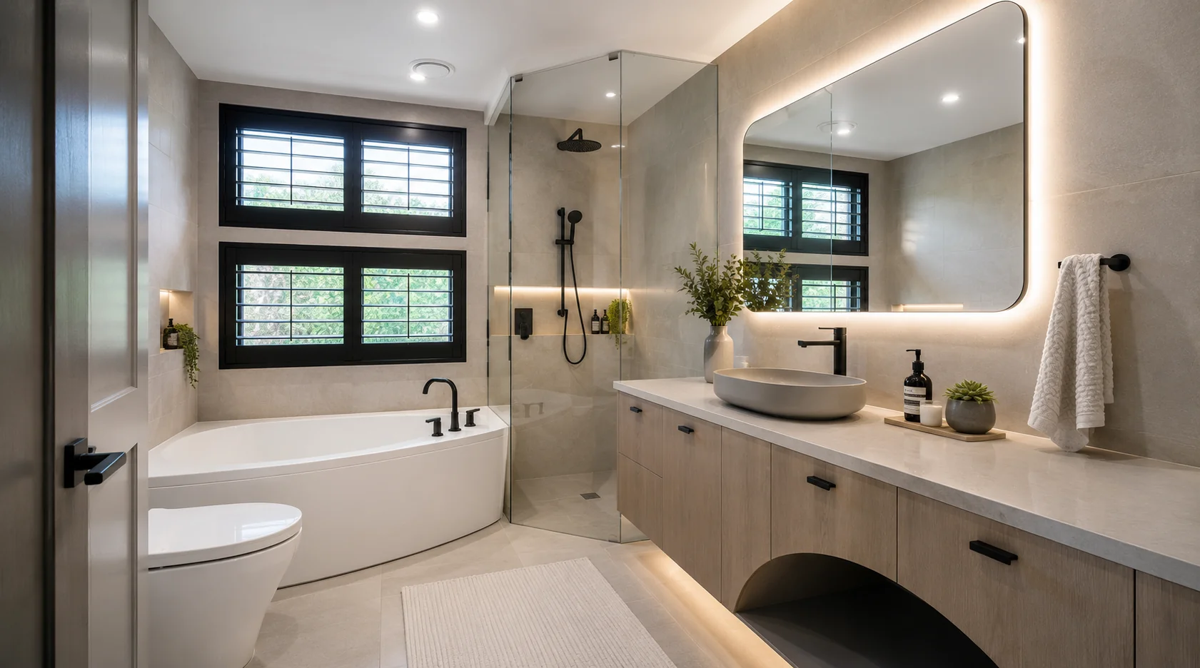 Modern bathroom renovation with walk-in shower, floor-to-ceiling tiles and timber vanity in Geelong