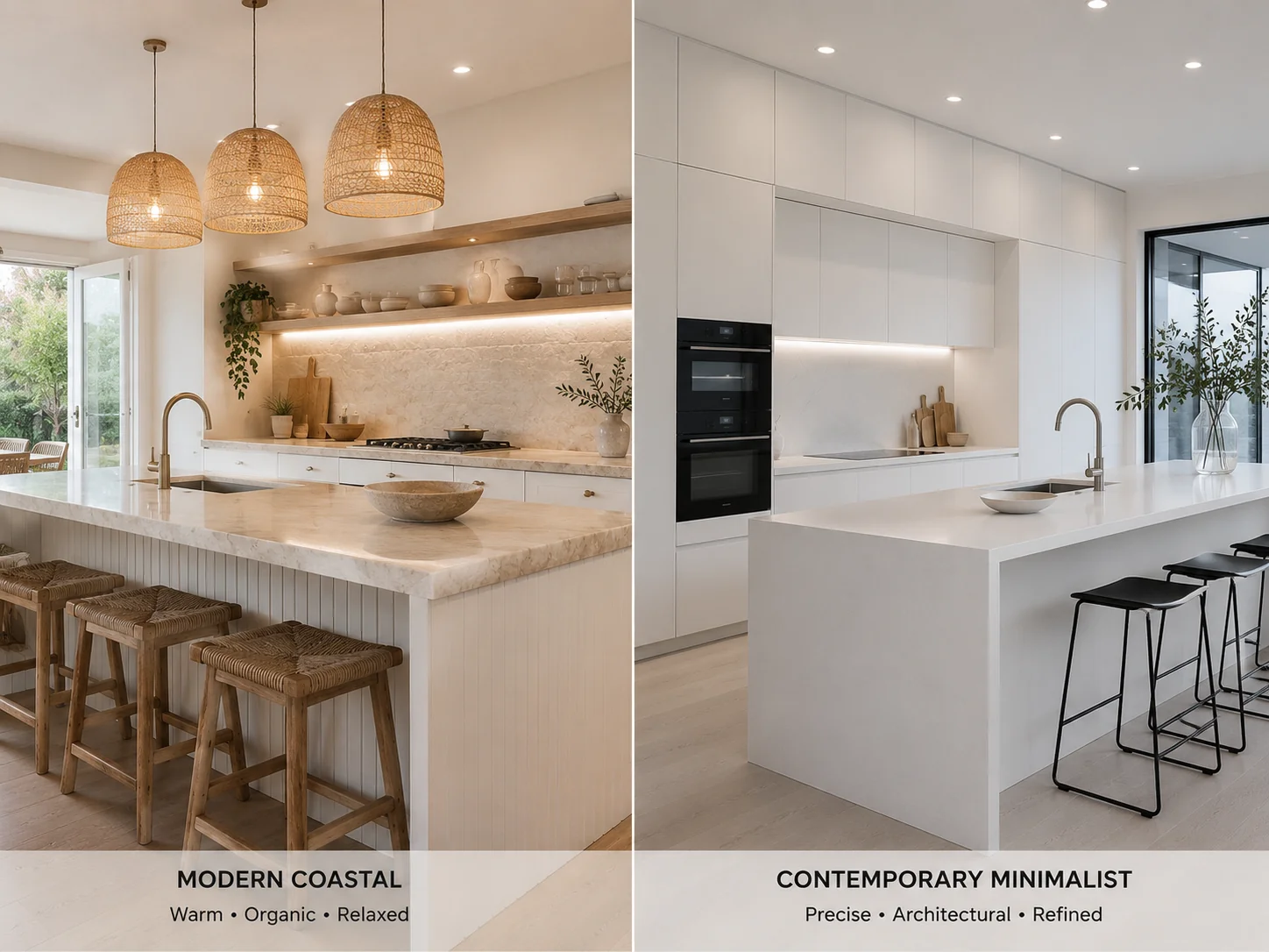 Modern coastal kitchen with warm timber accents alongside a contemporary minimalist kitchen with handle-less cabinetry — two popular Geelong renovation styles