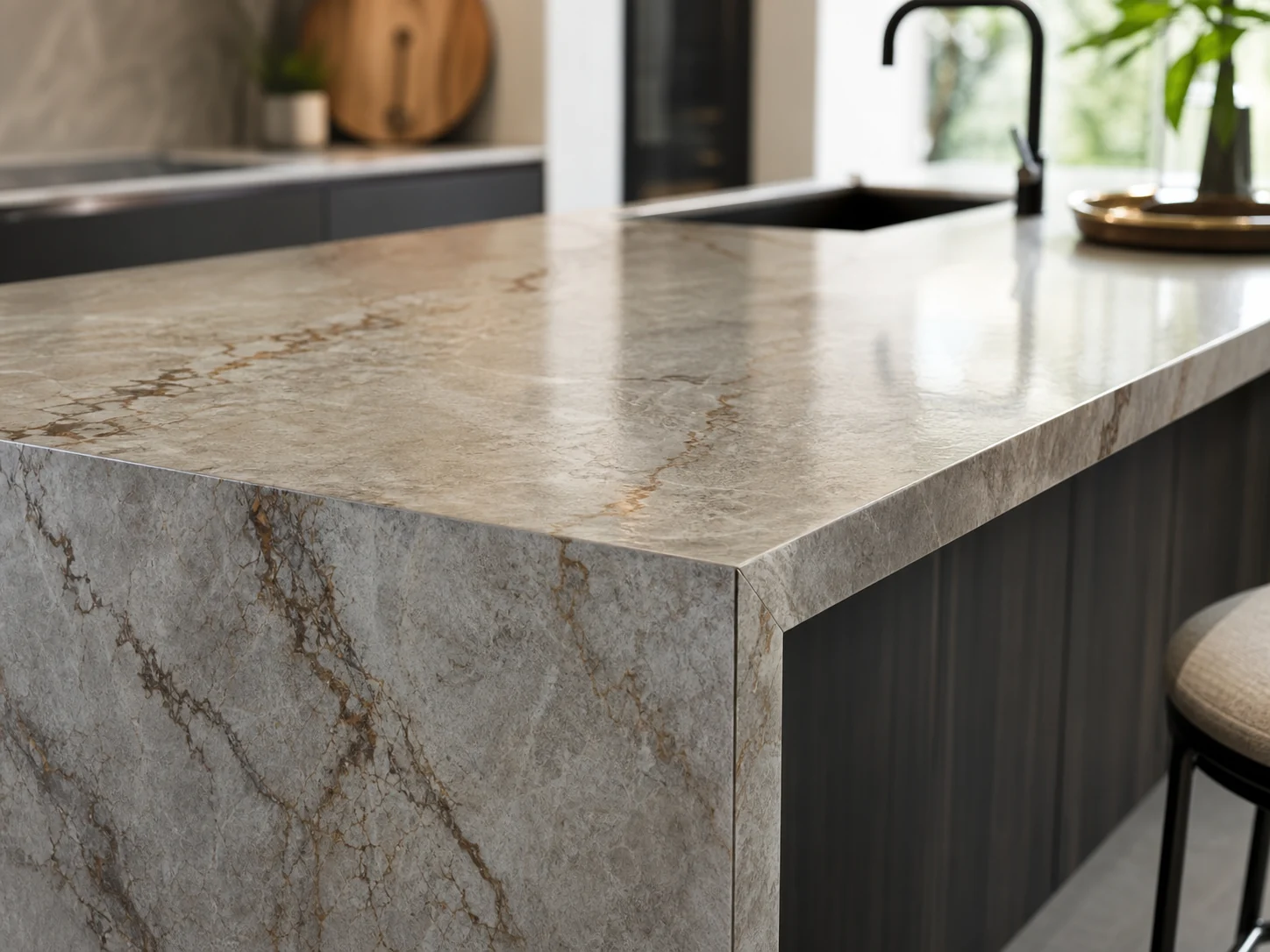Natural stone benchtop on a kitchen island showing veining and finish viewed from multiple angles