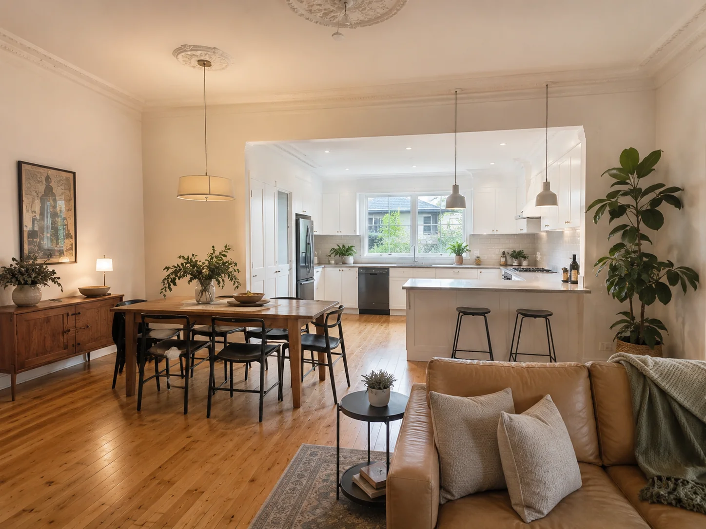 Open-plan kitchen renovation in a Geelong period home after non-structural wall removal, connecting the kitchen to the living and dining area