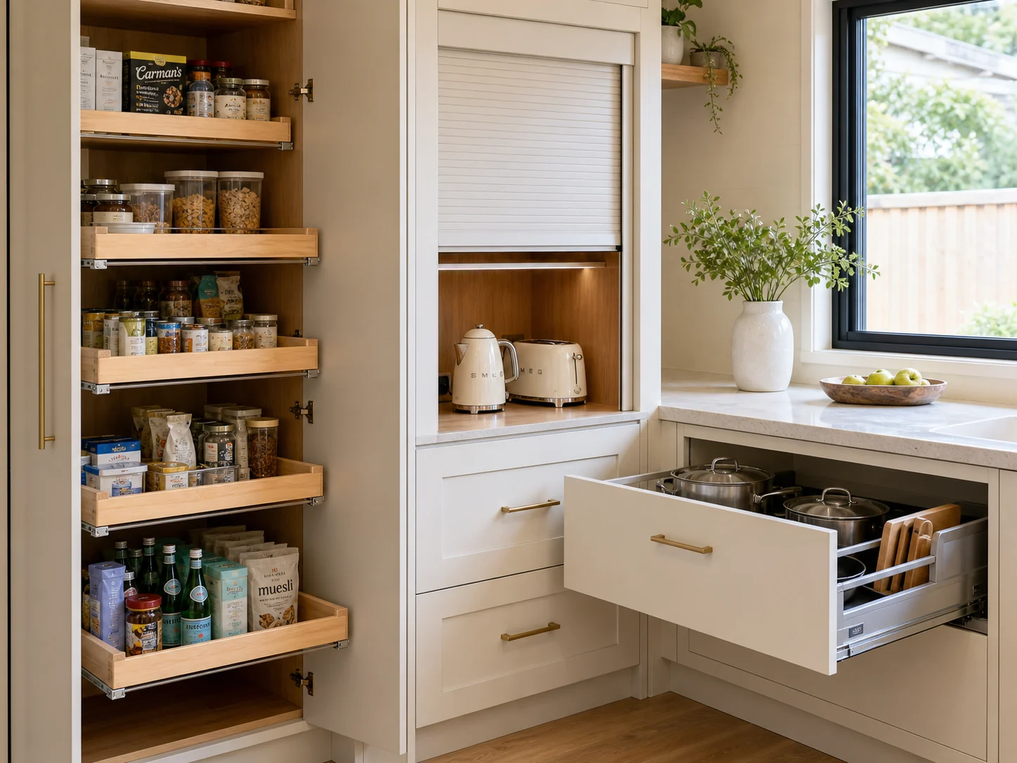 Fitted pantry cabinet, appliance garage and full-extension drawer storage in a renovated family kitchen