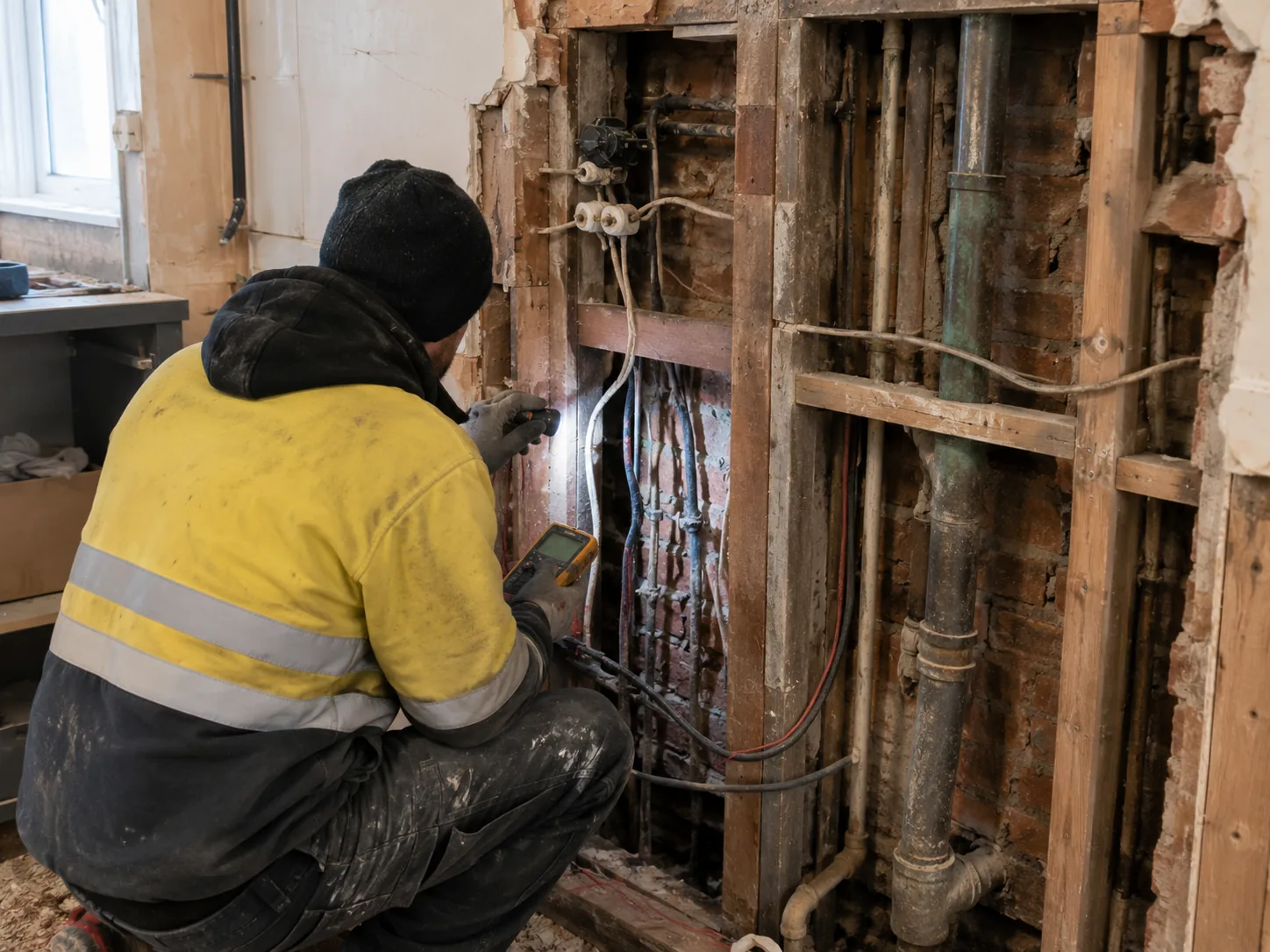 Tradesperson assessing original wiring and plumbing behind a period home's kitchen wall before renovation begins