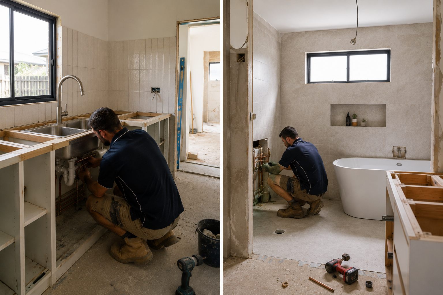 Licensed plumber completing rough-in work during a combined kitchen and bathroom renovation in a Geelong home