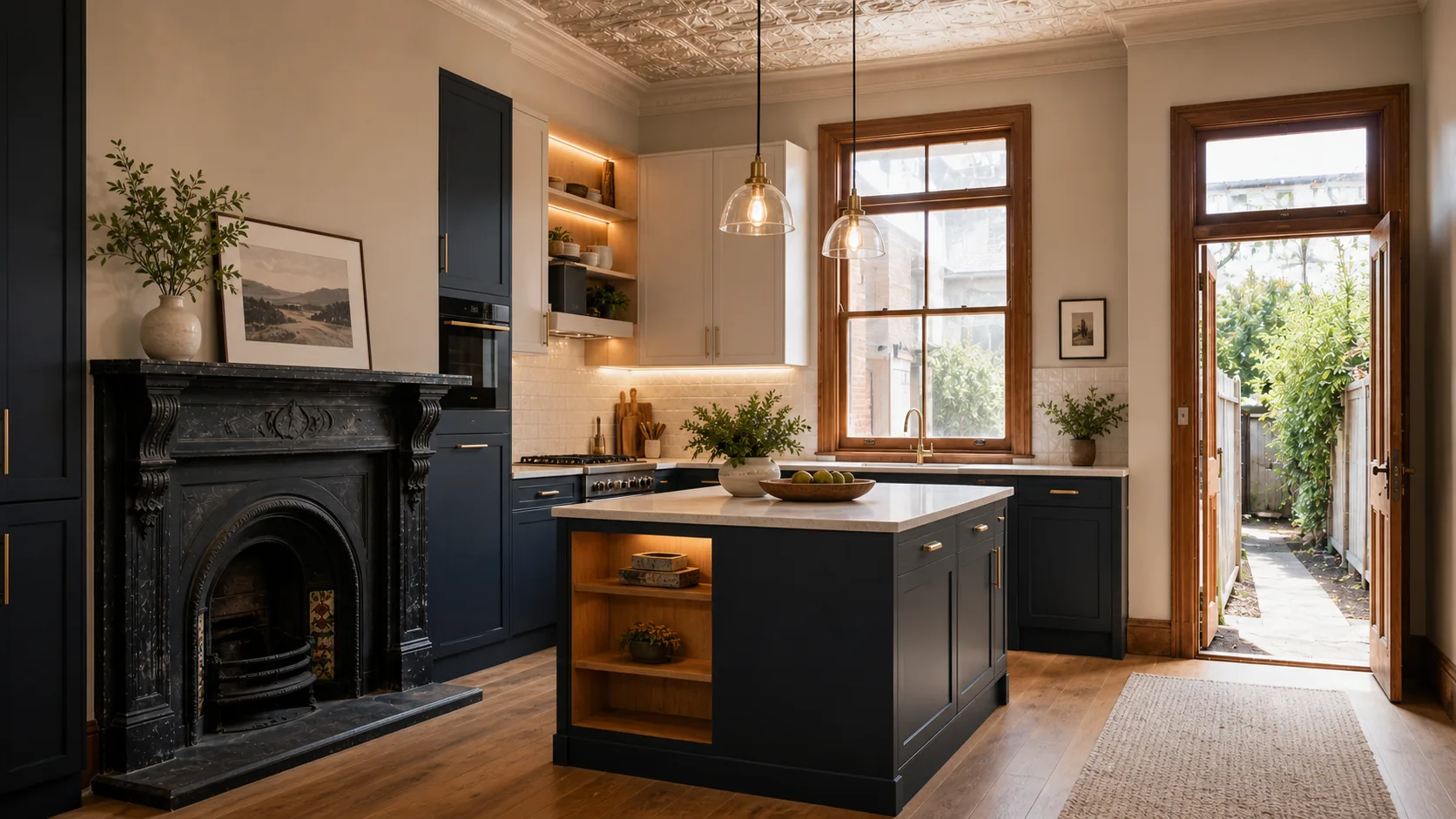 Original cornices and fireplace preserved alongside a fully modernised kitchen fit-out with honed stone benchtop
