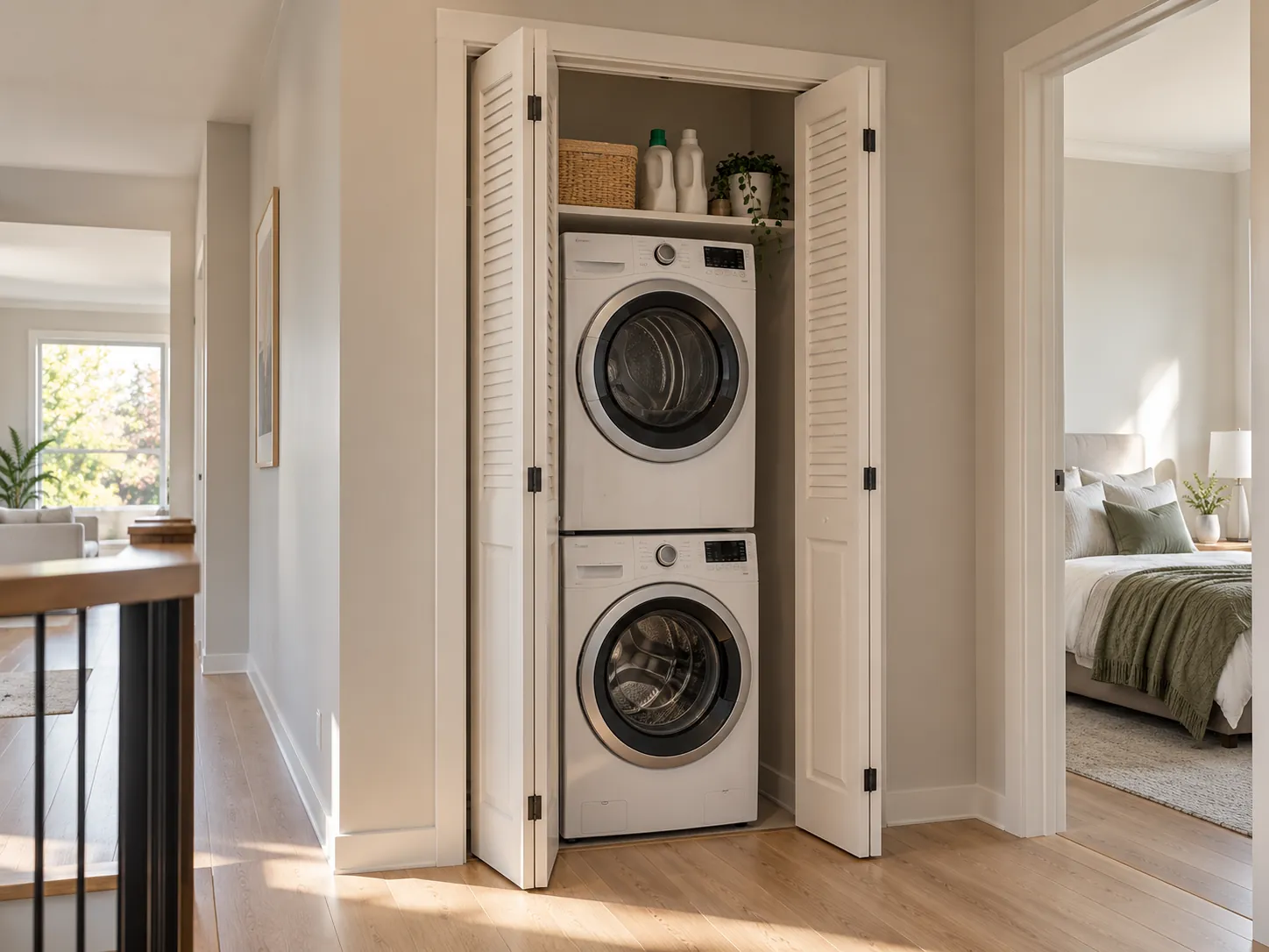 A compact laundry cupboard with stacked washing machine and dryer, relocated elsewhere in the home after a bathroom conversion