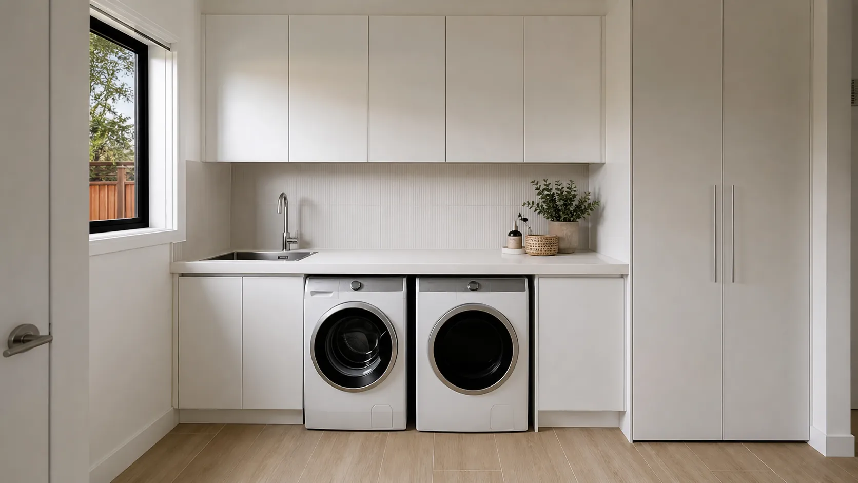 A renovated laundry with machines under the bench, trough, overhead cupboards and a tall broom cupboard