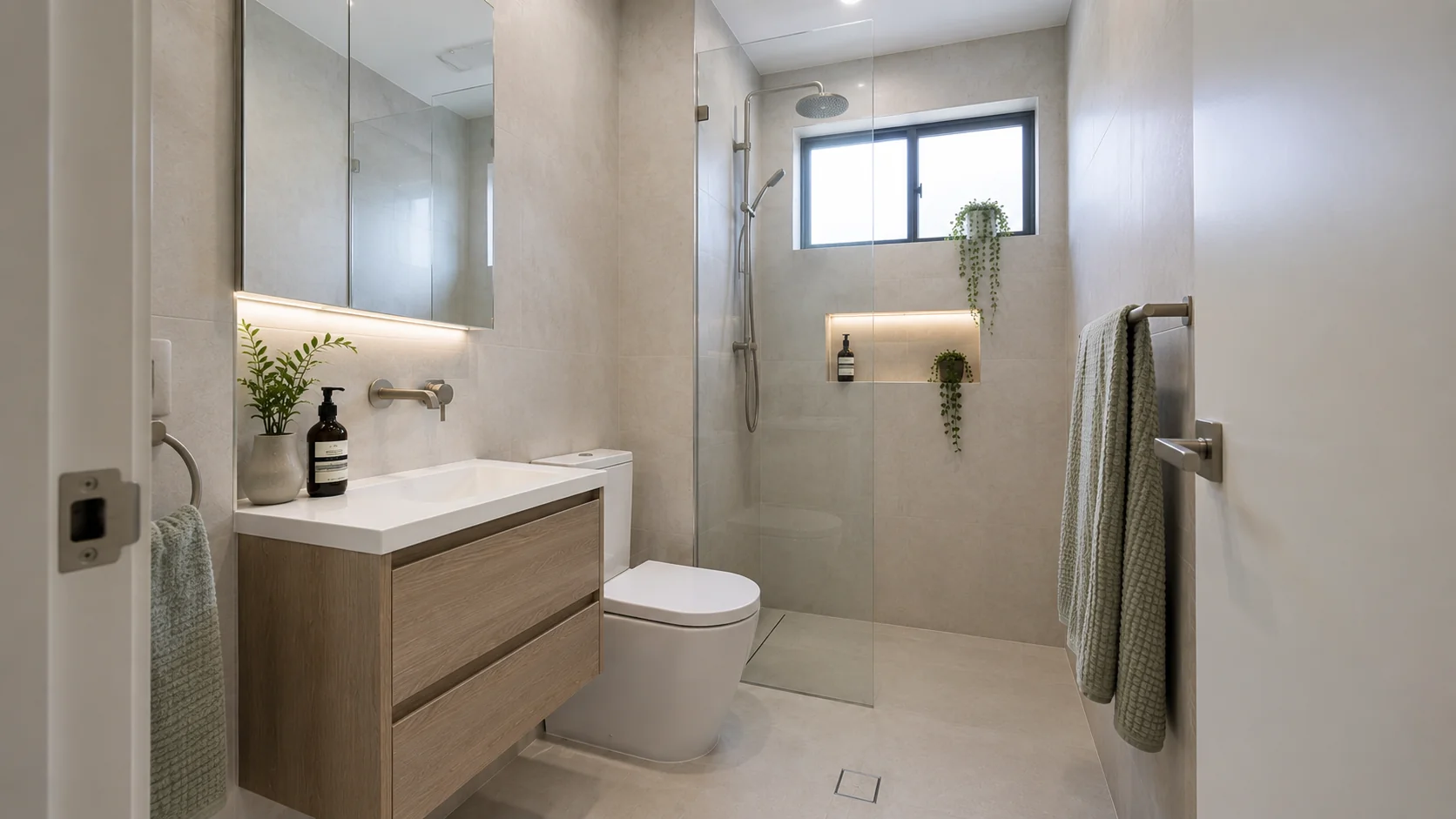 Renovated small Geelong bathroom with wall-hung vanity and walk-in shower