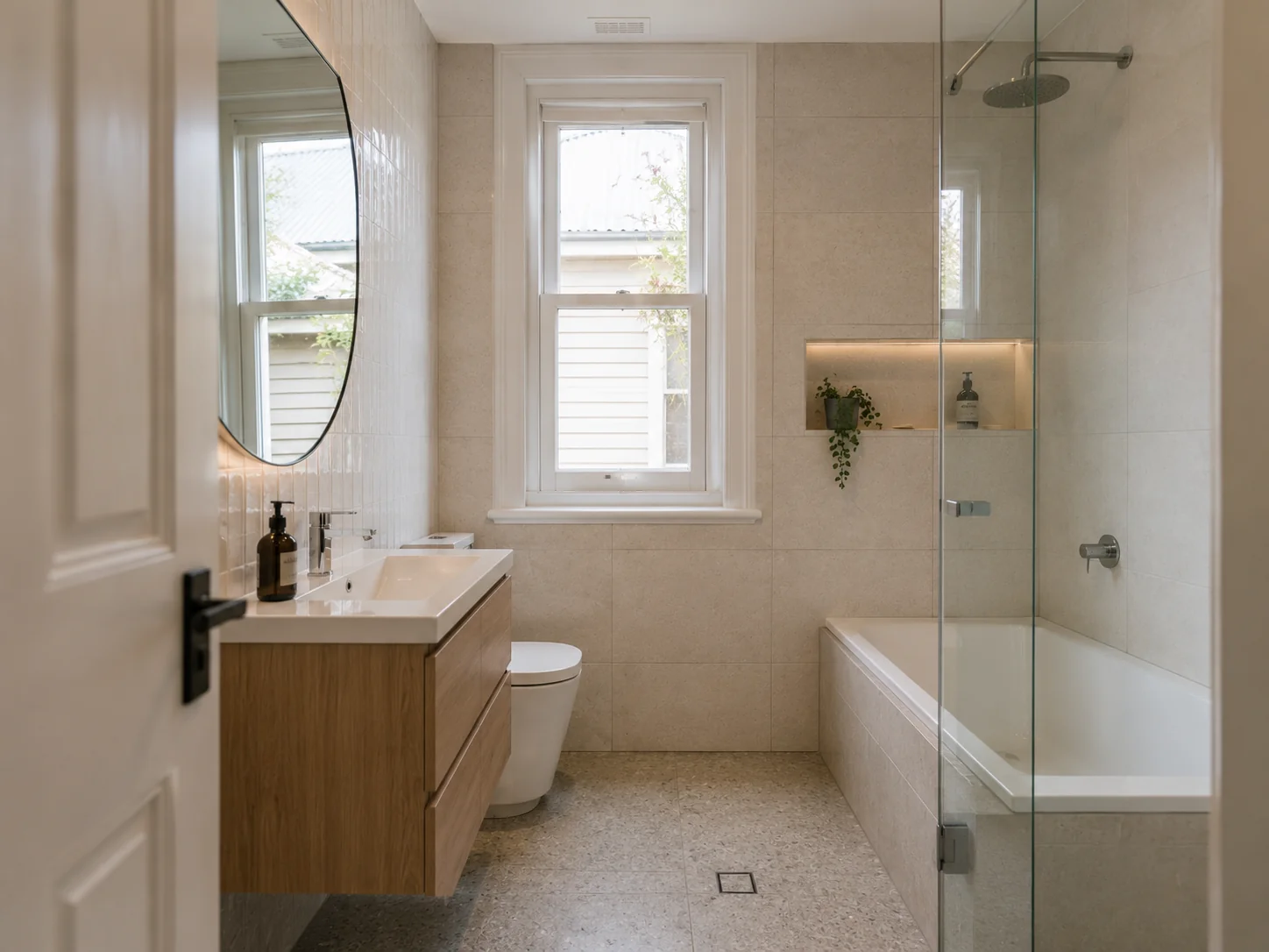 Small bathroom renovation adapted for the layout constraints of an older Geelong weatherboard home
