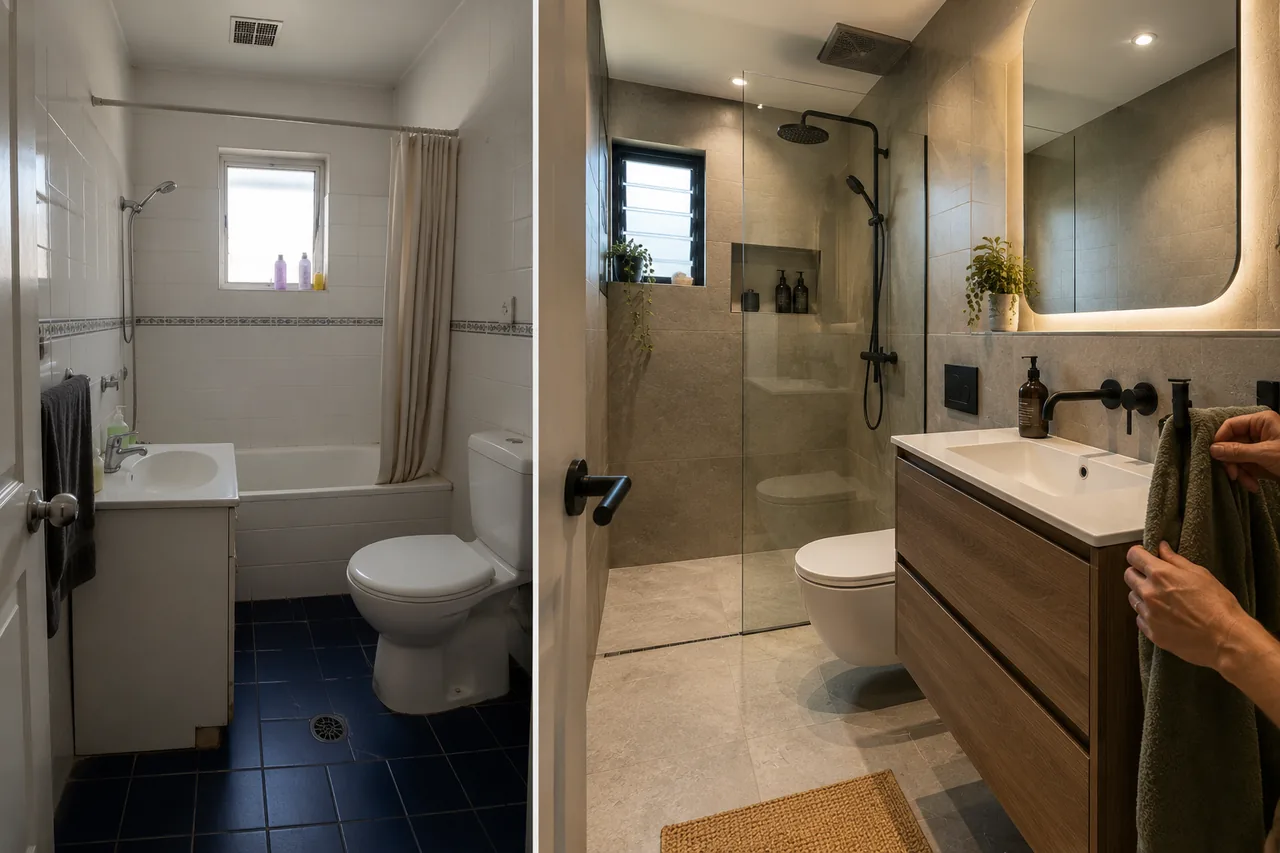Small bathroom renovation in Geelong with porcelain tiles and modern vanity