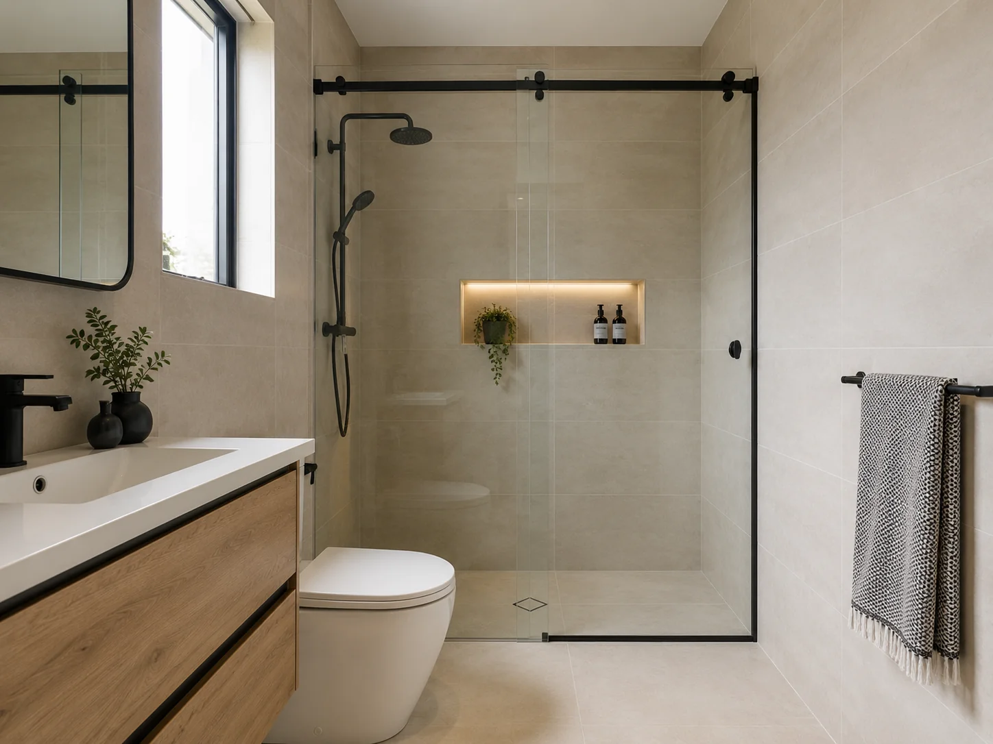 Space-saving small bathroom design with recessed niche storage and large-format light tiles in Geelong