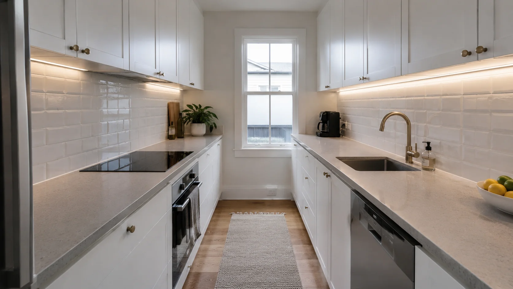 Renovated small galley kitchen in a Geelong period home with full-height cabinetry, light stone benchtop and under-cabinet LED lighting