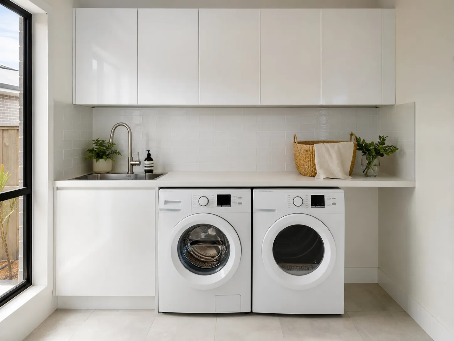Two front-loading washer and dryer machines sitting side by side under one continuous laundry bench
