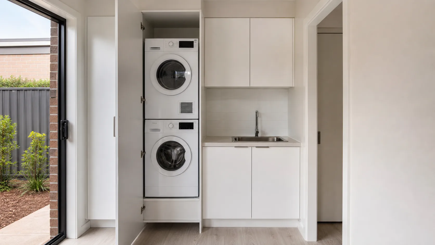 Small laundry with a stacked washer and dryer in a tall cupboard, a short bench, inset trough and overhead cupboards