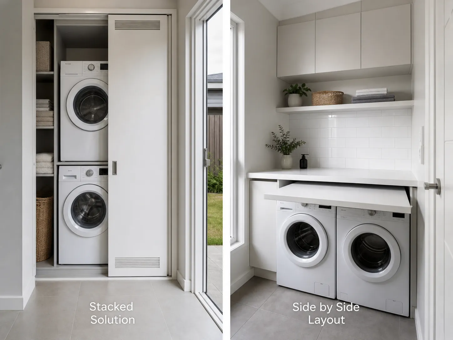 A small laundry with a stacked washer and dryer in a tall cupboard next to a second layout with machines side by side under a bench