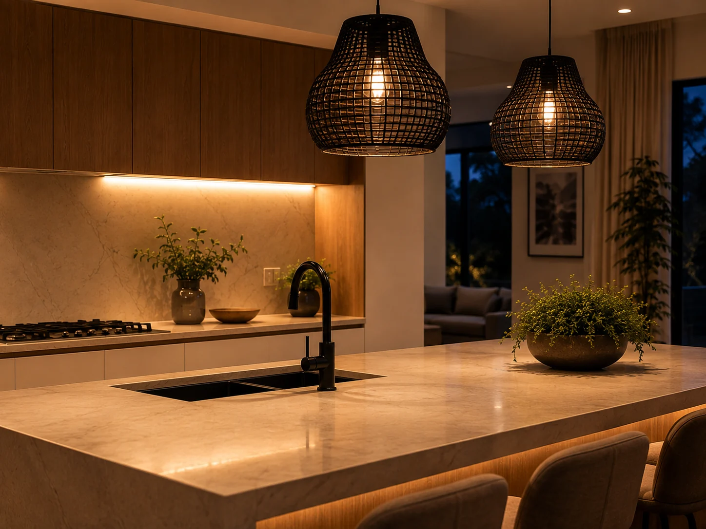 Statement pendant light fixtures hanging above a kitchen island at the correct height above the benchtop