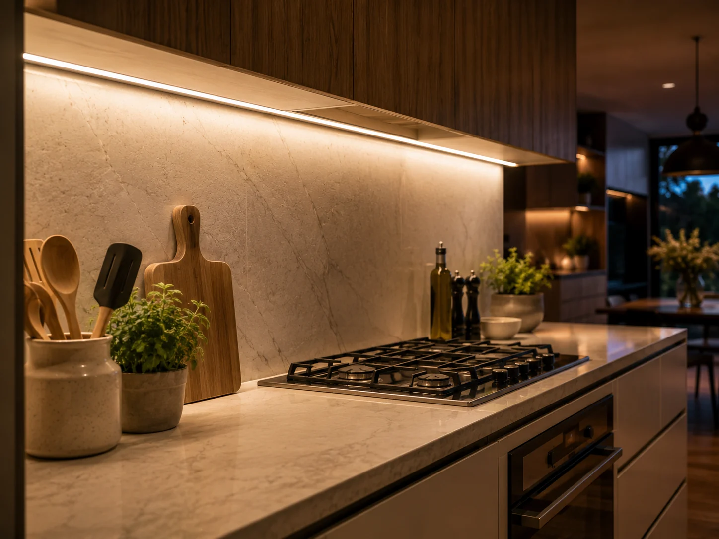 Under-cabinet task lighting illuminating a kitchen benchtop and cooktop prep zone