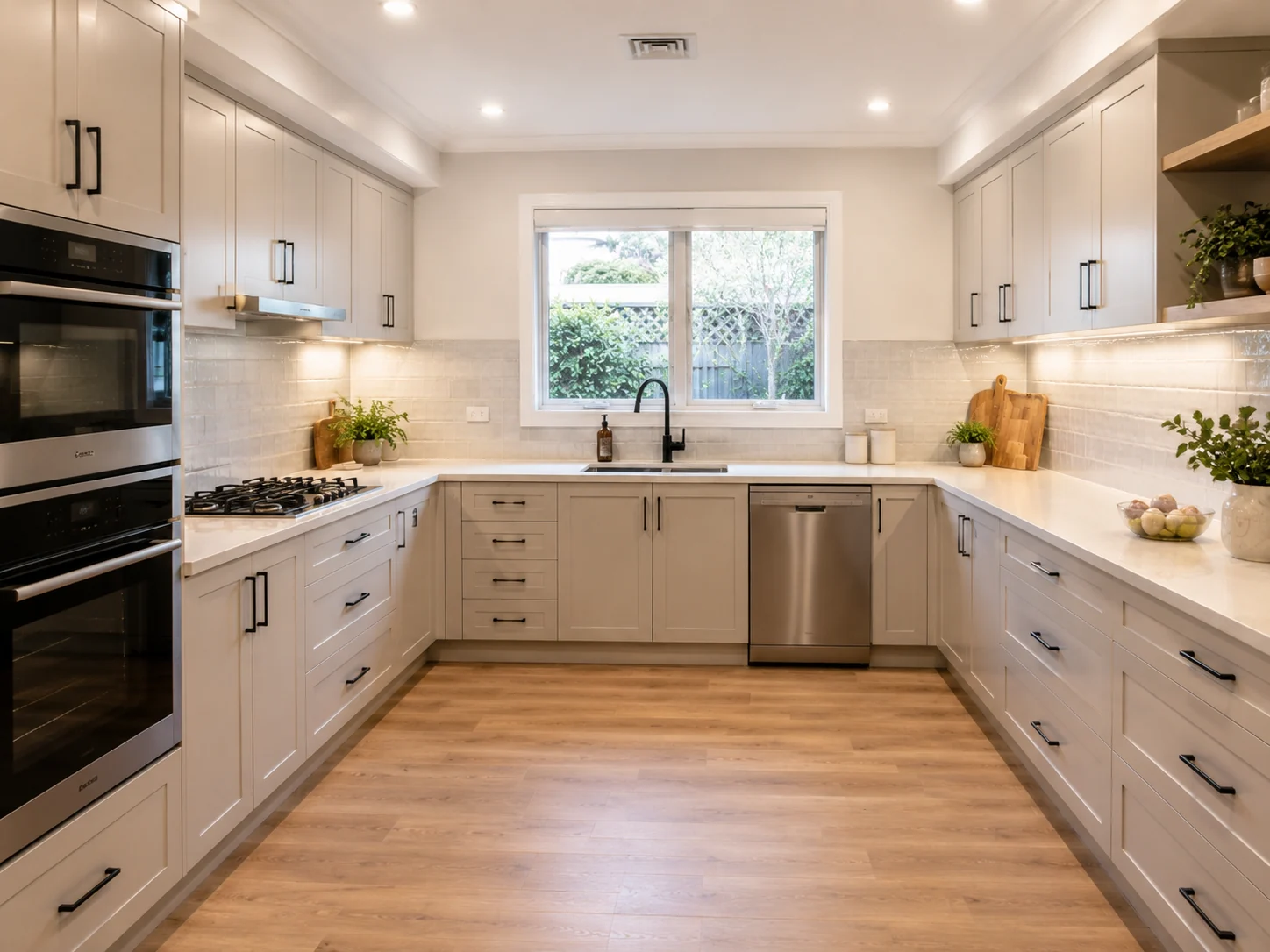 U-shape kitchen layout with cabinetry and benchtop wrapping around three walls for maximum storage and prep space