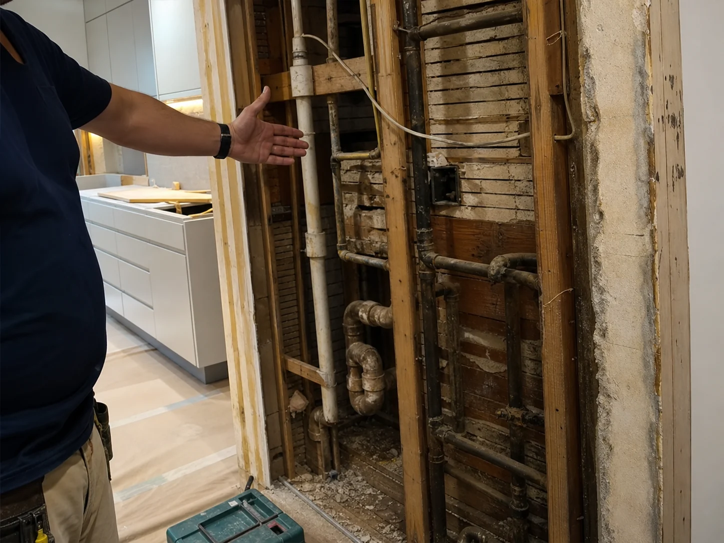 Old wiring and plumbing discovered behind a kitchen wall mid-renovation after design was finalised too early