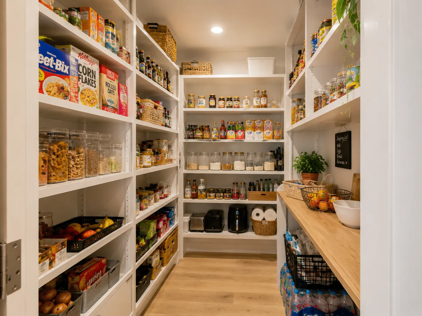 Open walk-in pantry with shelving for bulk groceries, designed for accessible everyday family food storage