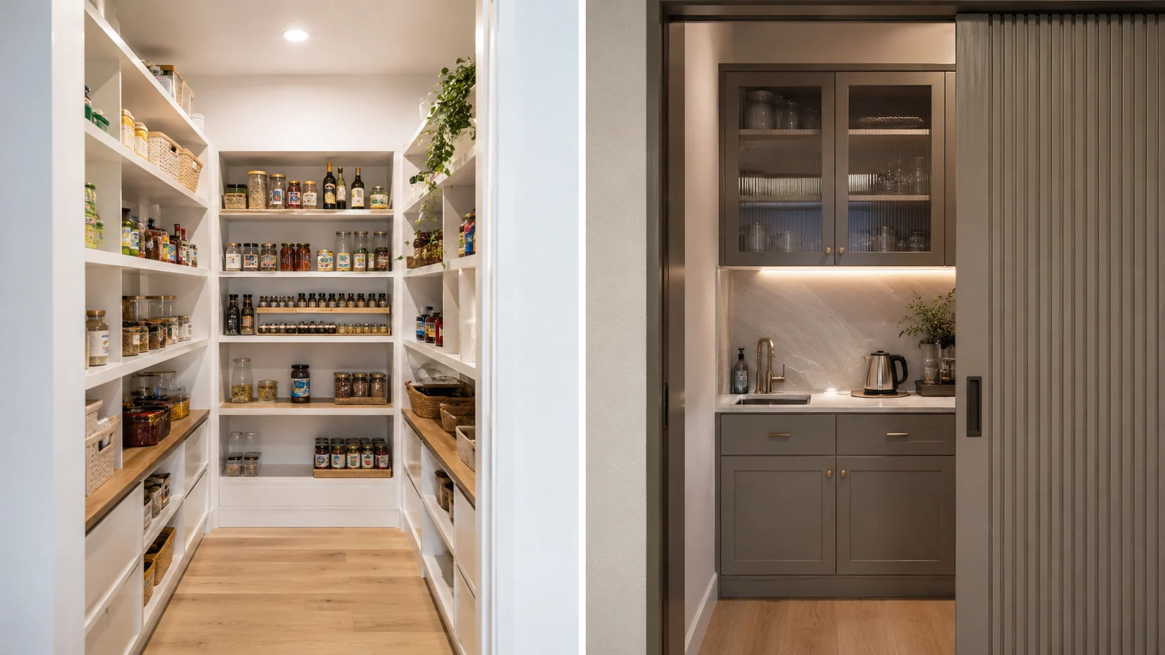 Side-by-side comparison of an open walk-in pantry with shelving and a concealed butler's pantry with its own sink