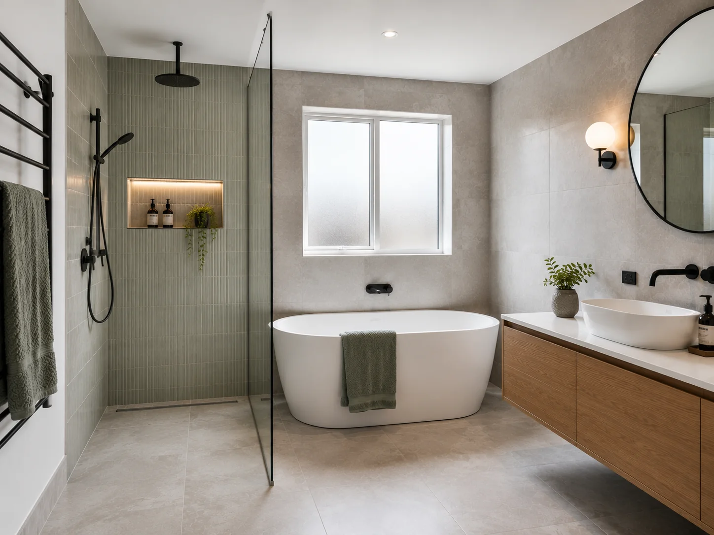 Walk-in shower layout with a half-height glass screen and recessed niche in a Geelong bathroom