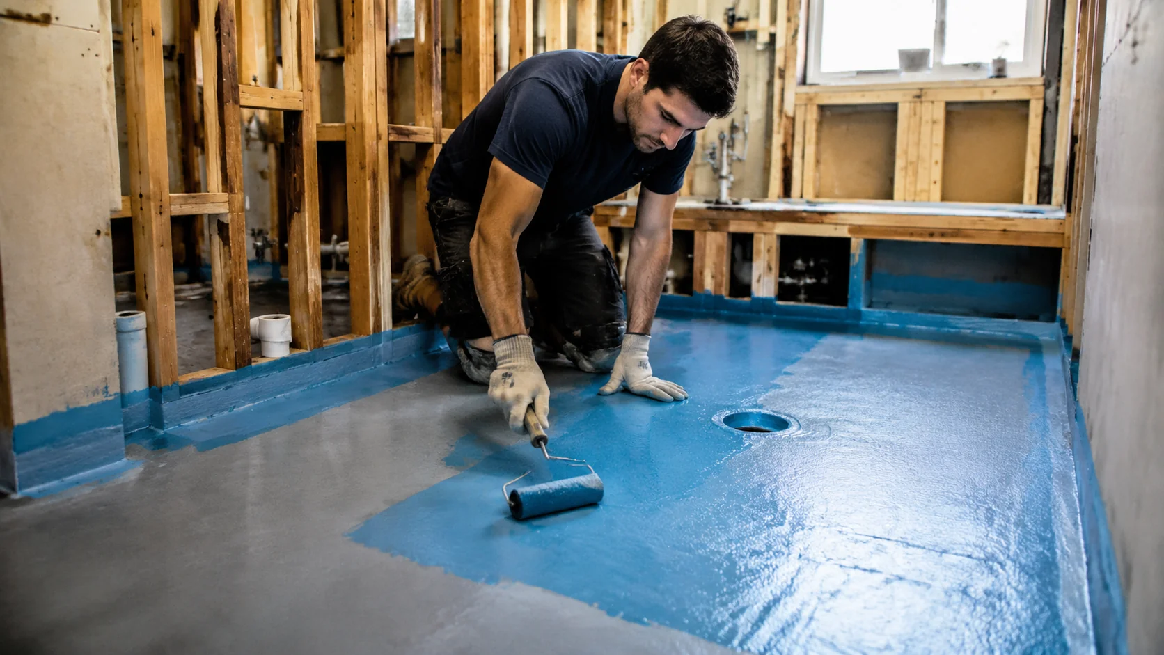 Licensed waterproofer applying membrane to a Geelong bathroom floor