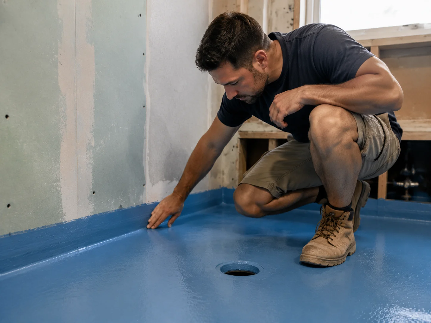 Tradesperson inspecting completed waterproofing membrane before tiling in a Geelong bathroom