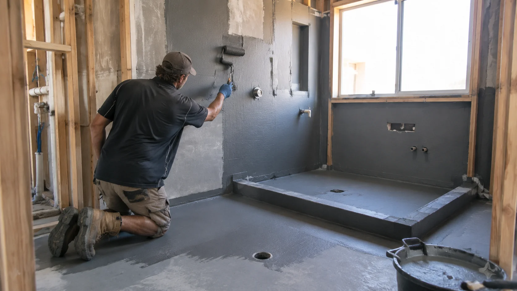 Waterproofing membrane applied to a Geelong bathroom before tiling to AS 3740